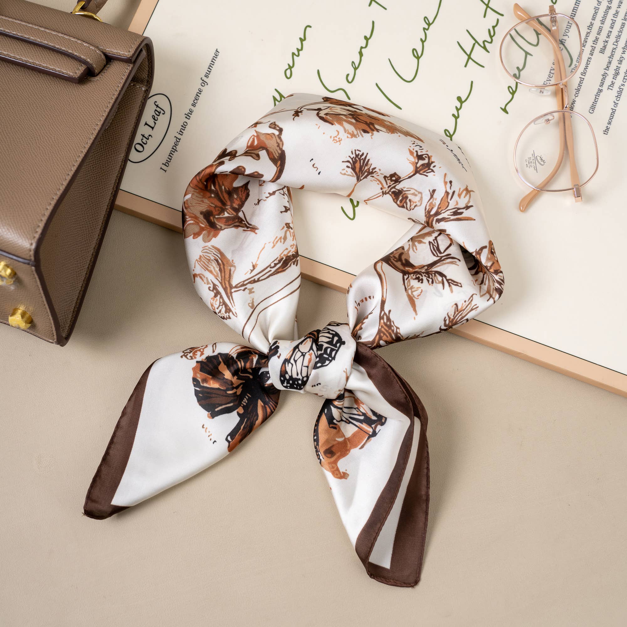 70 x 70 cm square polyester silk-effect scarf with chic botanical print: Black