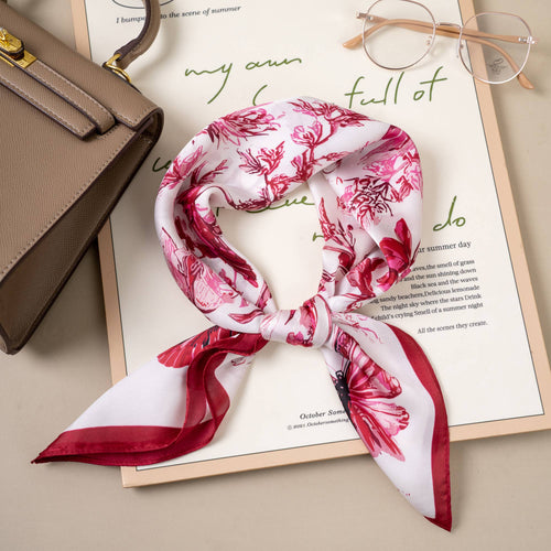 70 x 70 cm square polyester silk-effect scarf with chic botanical print: Blue